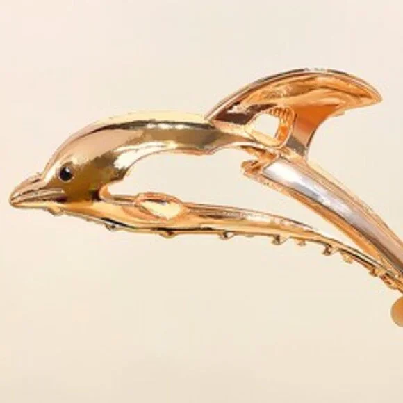 Dolphin Gold Hair Claw Animal Metal Kawaii Cartoon Clip Strong Clamp - Picture 2 of 5